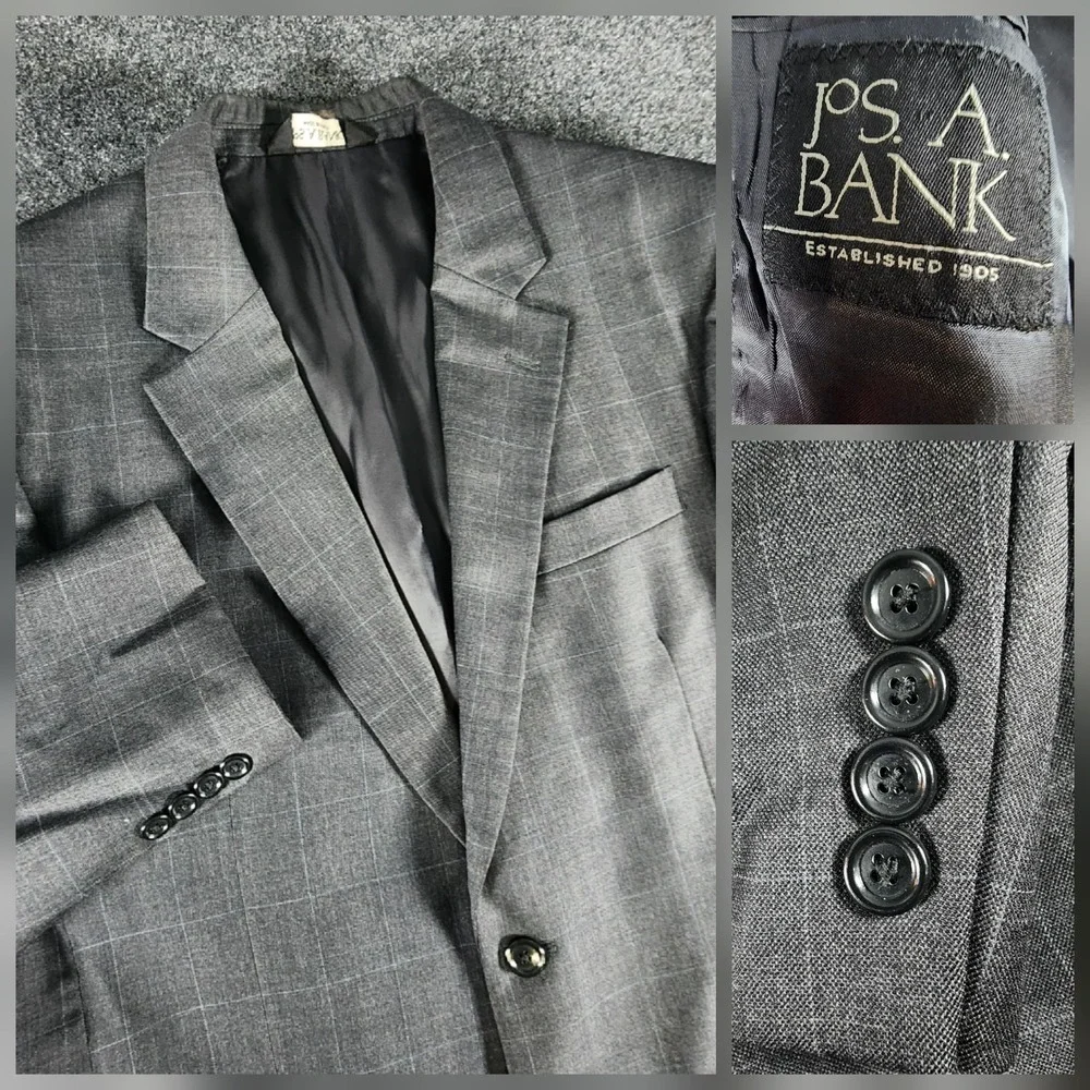 JOS‎ A BANK Men's Blazer 42L Wool Gray Windowpane Sport Coat Suit Jacket